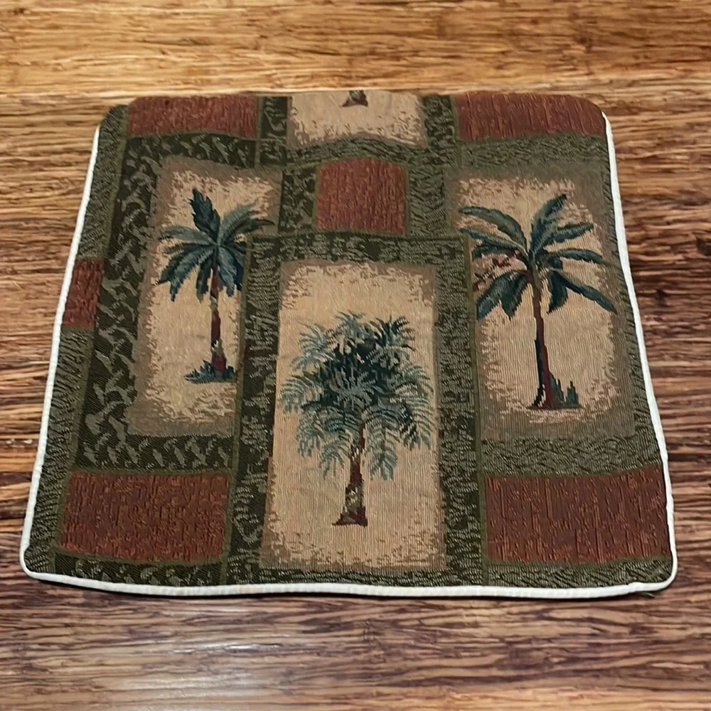 Brown green tropical embroidered palm tree print pillow case cover 17x17”